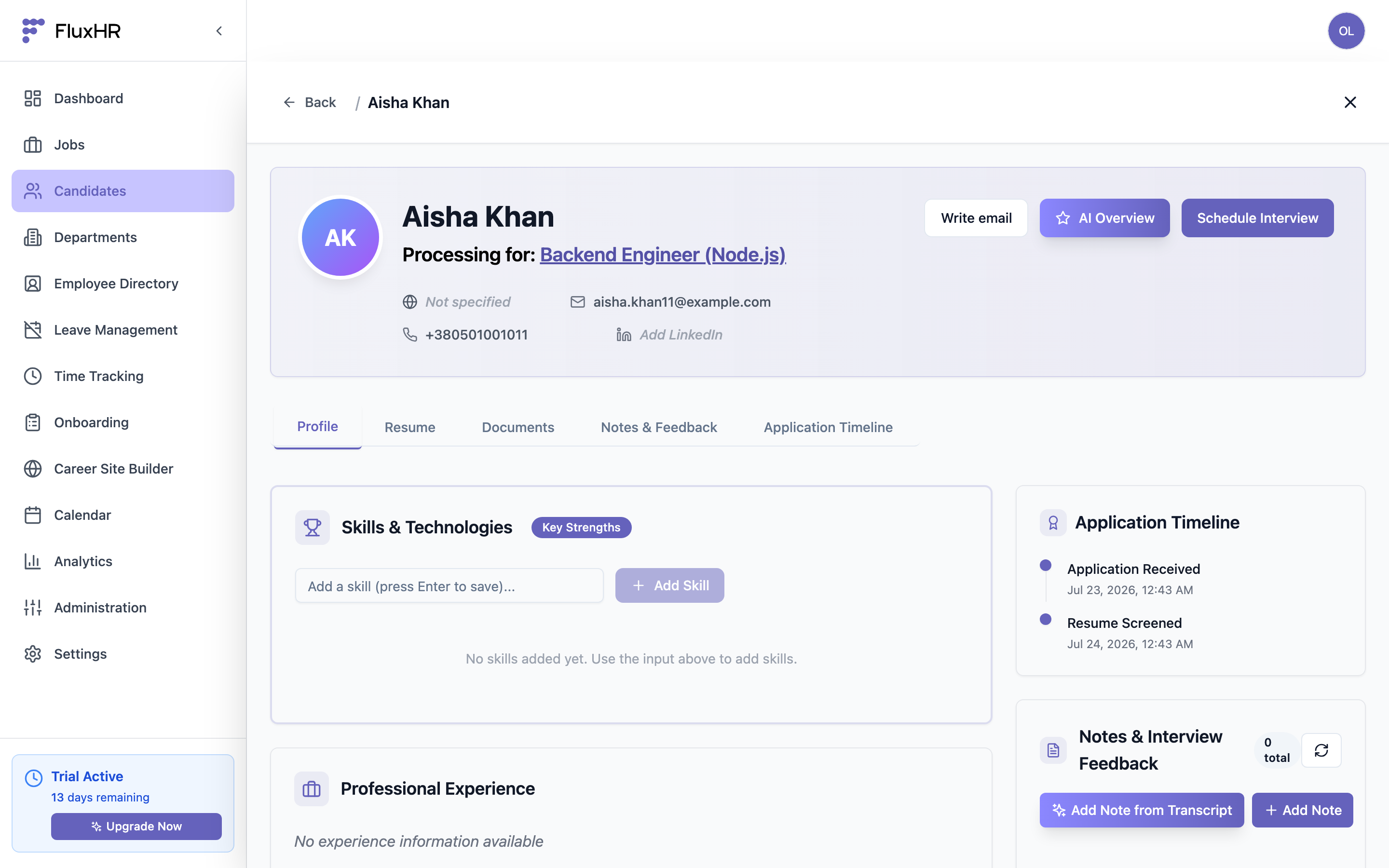 Candidate profile with tabs, application timeline, and notes panel
