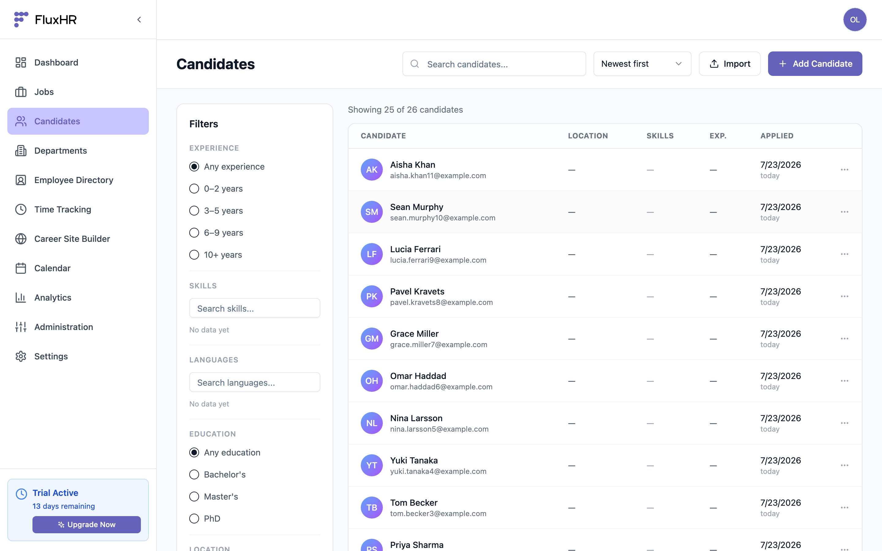 Candidates list with filter sidebar and search