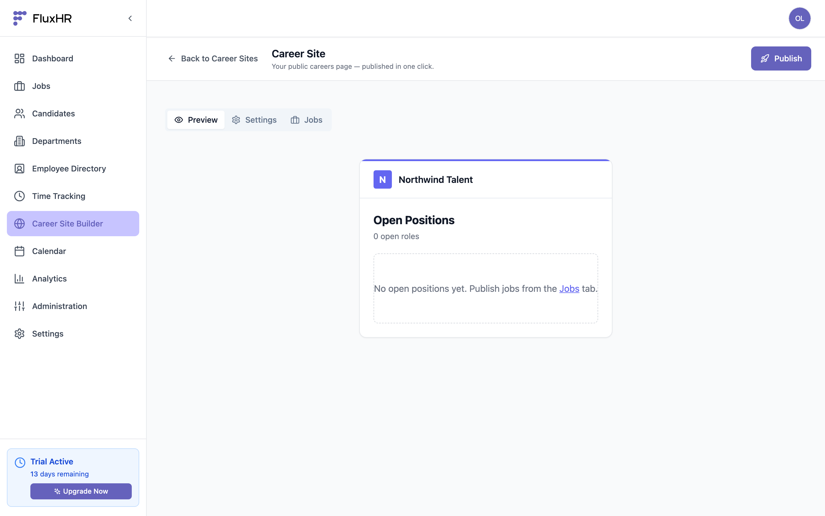 Career Site Builder with settings and live preview