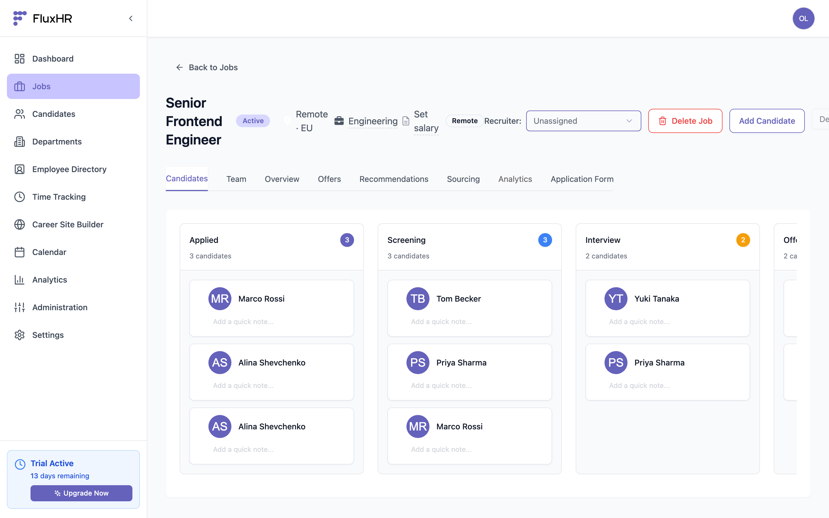 Kanban pipeline board with candidate cards in Applied, Screening, and Interview stages