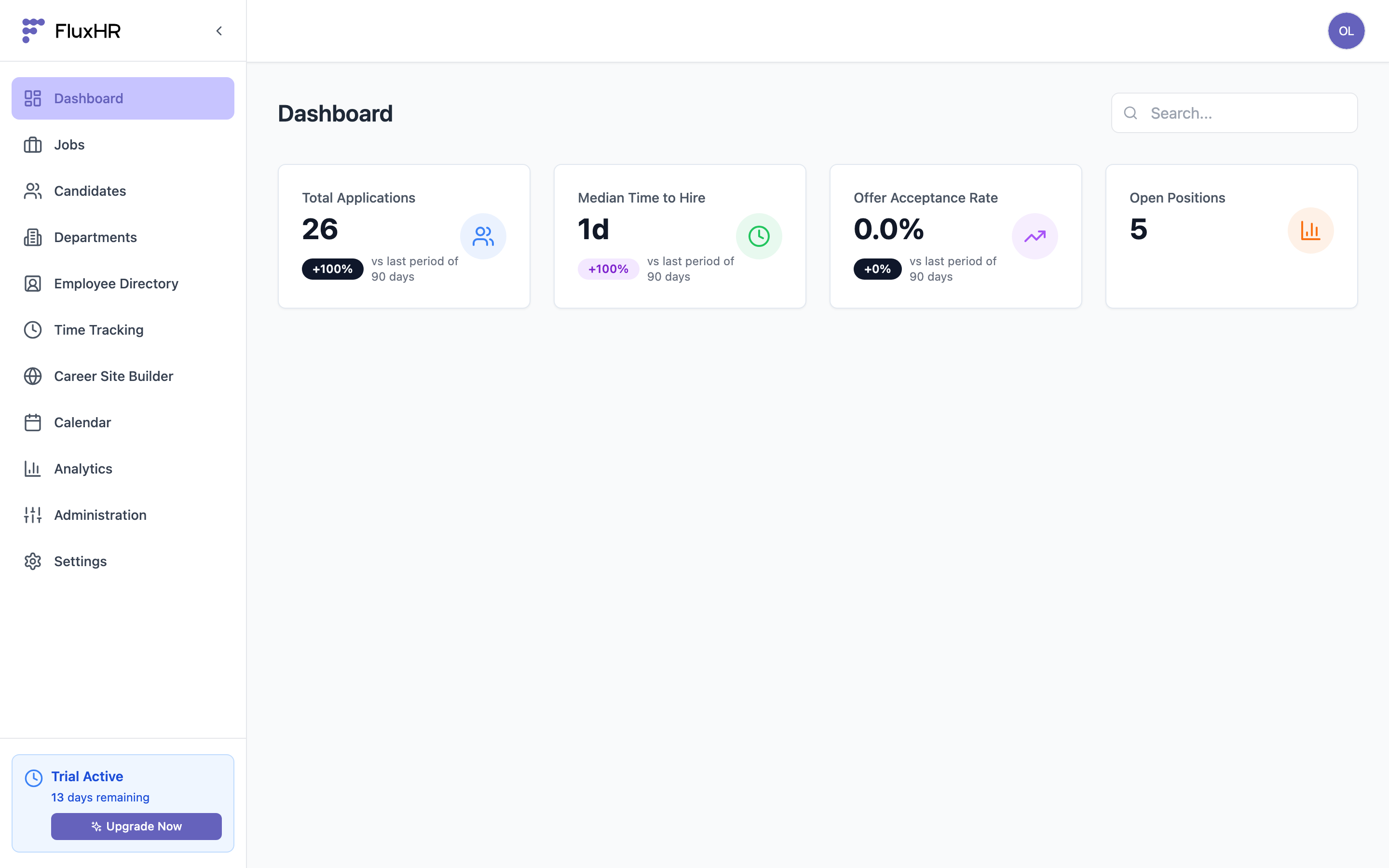 FluxHR dashboard with hiring stats and recent activity