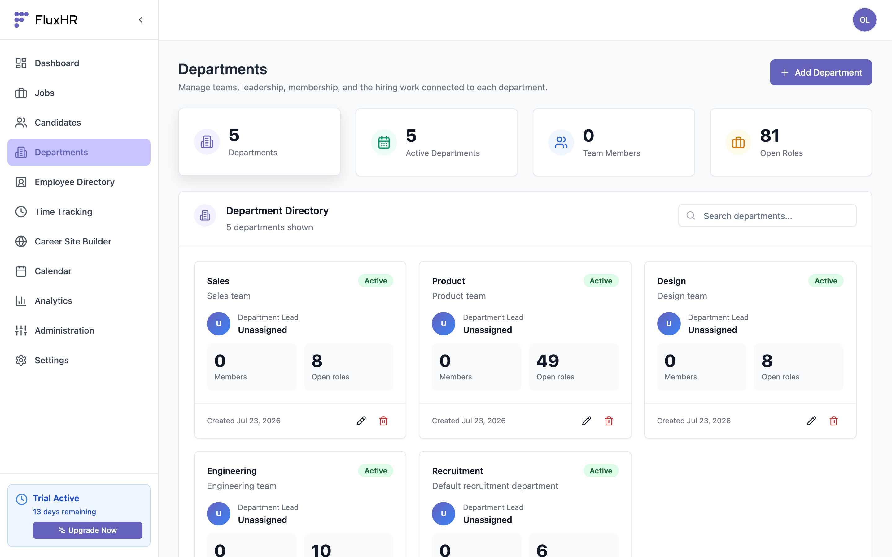 Departments page