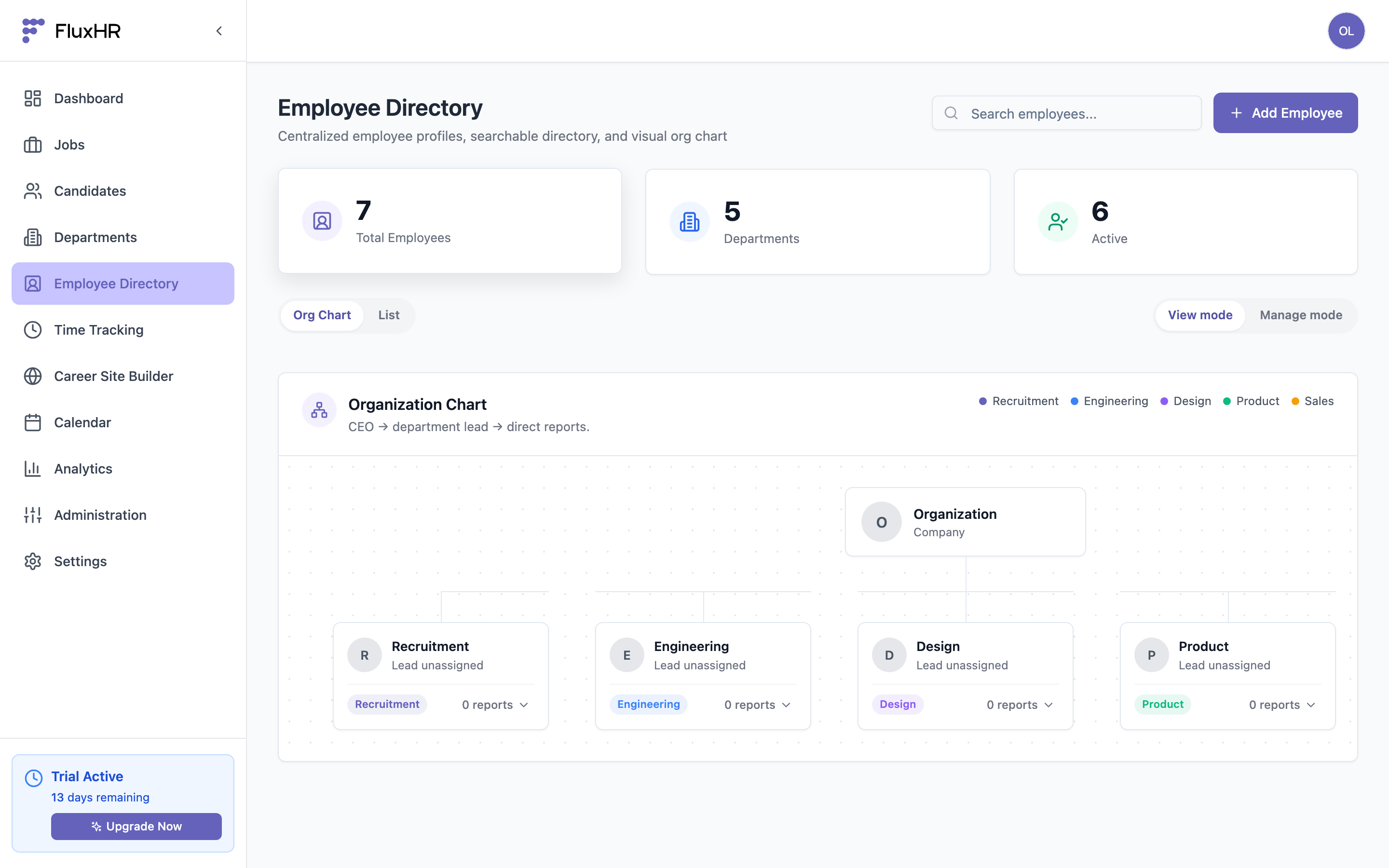 Employee Directory with stats and organization chart