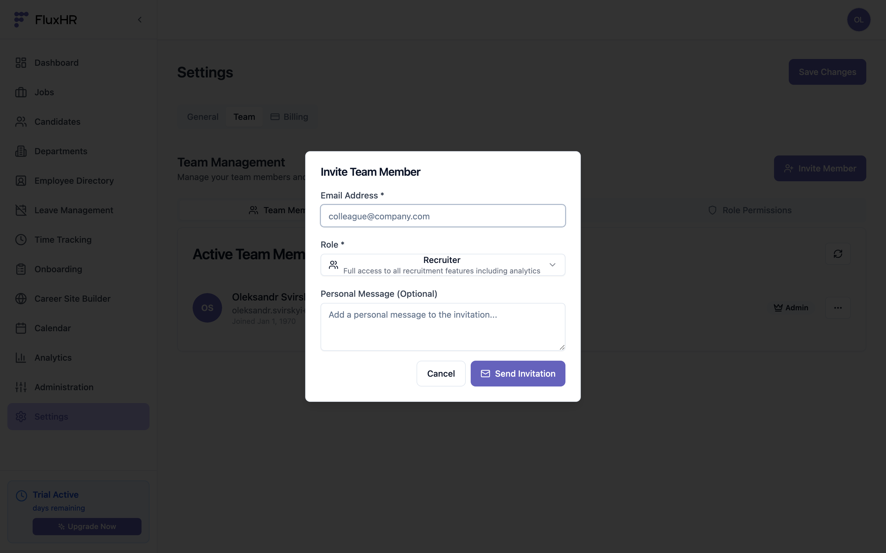 Invite Team Member dialog with email, role selector, and personal message
