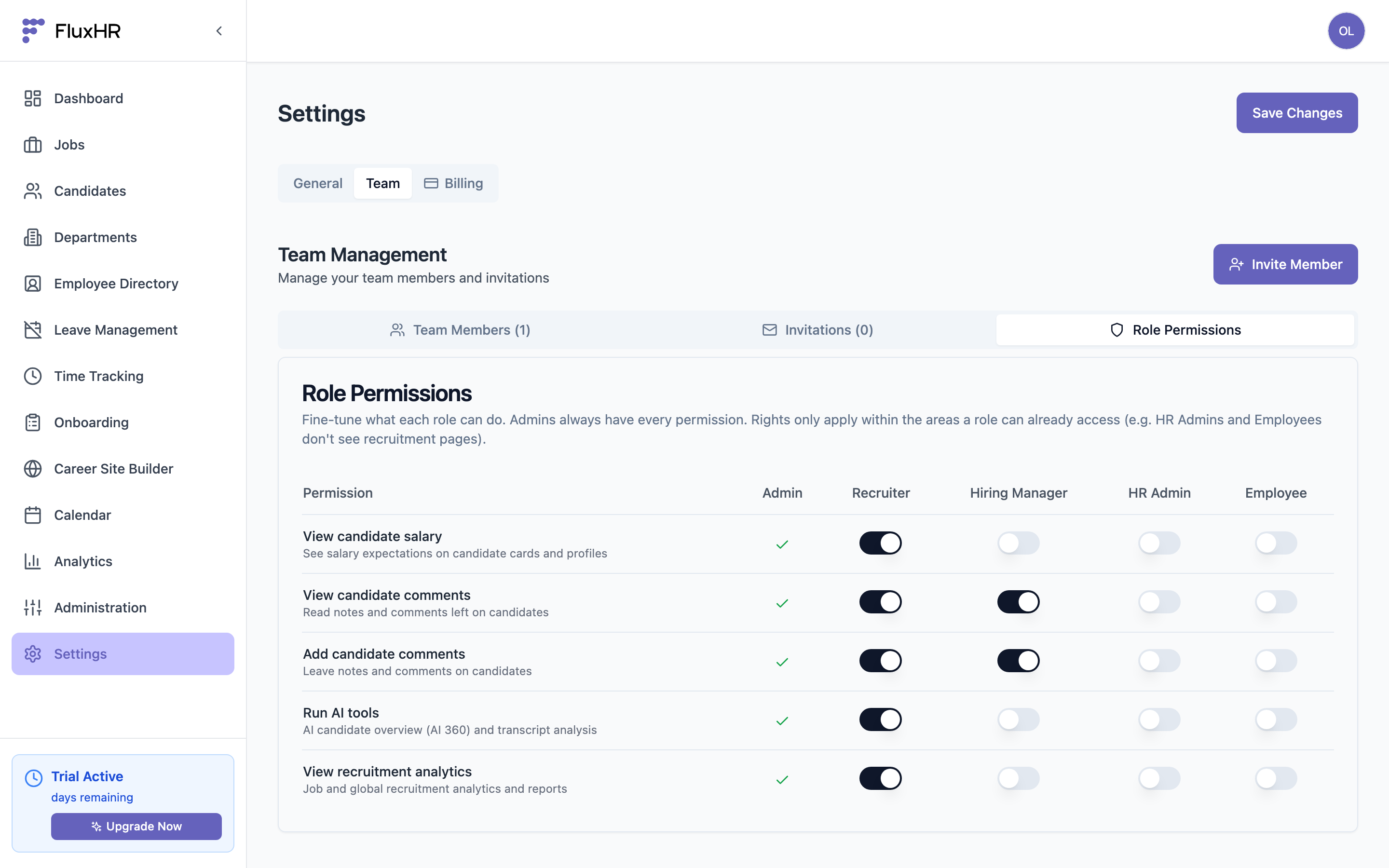 Role Permissions matrix with toggles per permission and role