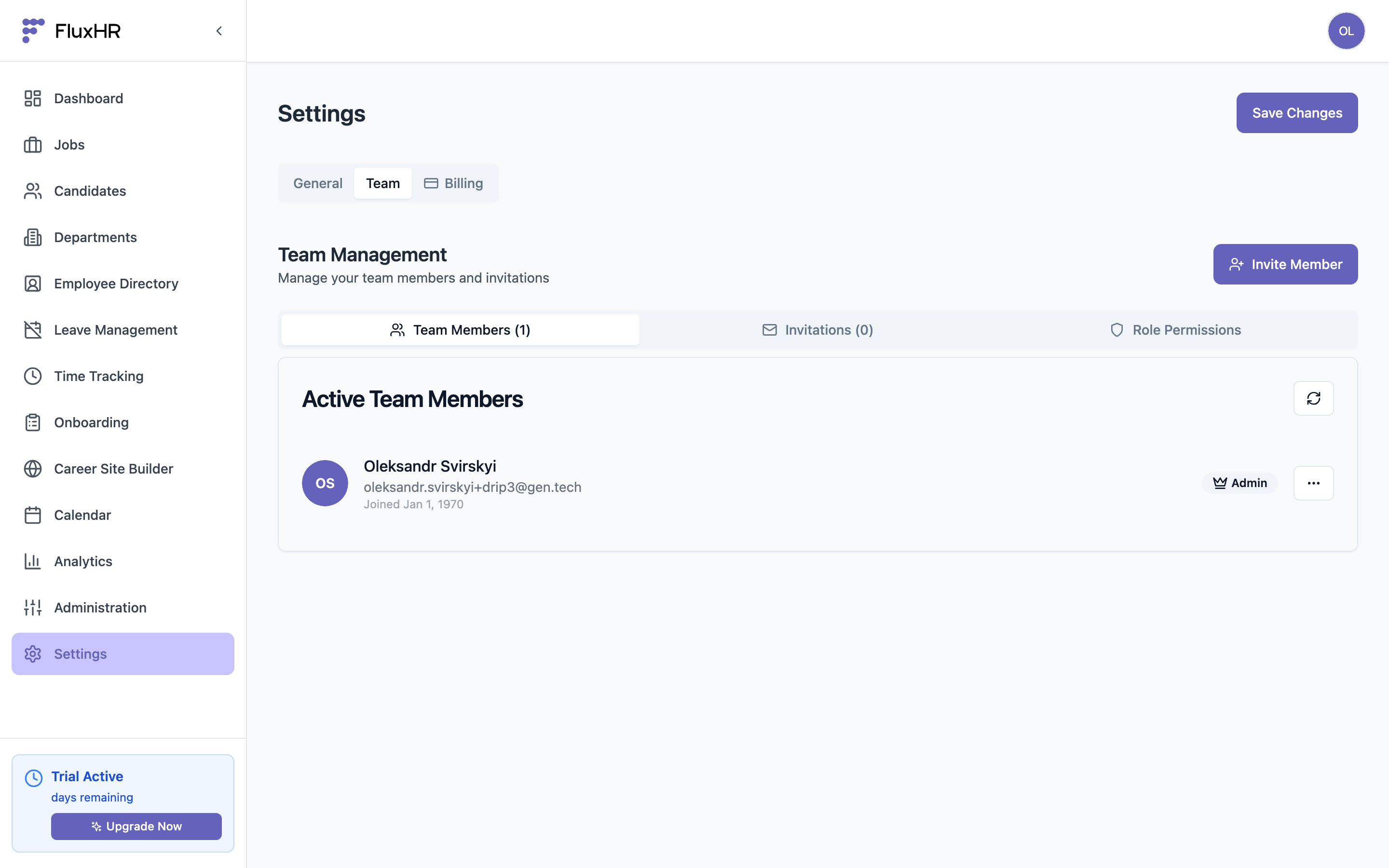 Team Members list showing a member with an Admin role badge and the row menu