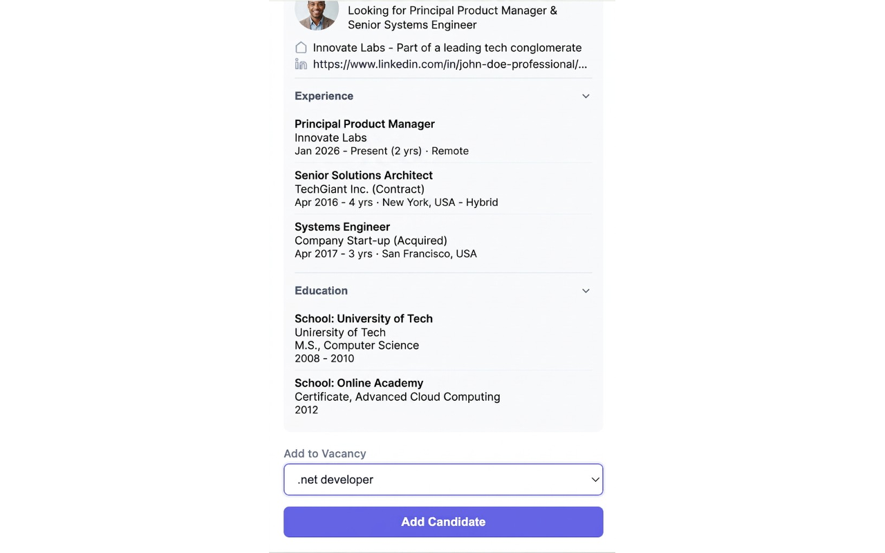 Candidate card with parsed details