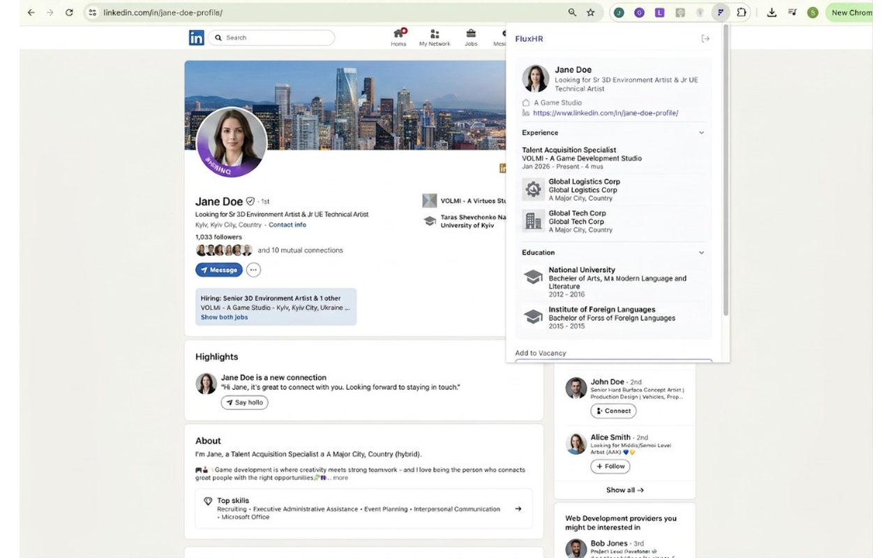Extension popup showing parsed LinkedIn profile data